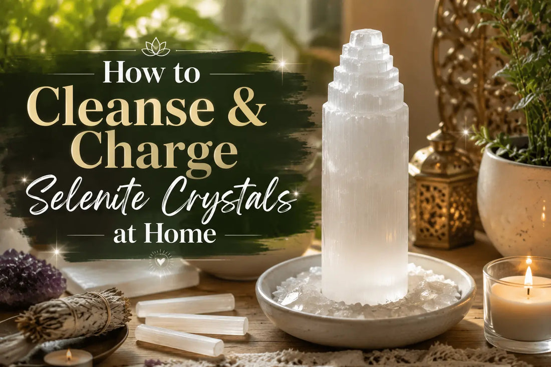 Selenite tower in a bowl of crystal chips beside selenite wands, amethyst, smoke bundle and candles — how to cleanse and charge selenite crystals at home