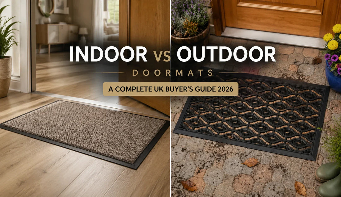 Indoor washable doormat on wooden floor beside outdoor rubber doormat on a UK doorstep – indoor vs outdoor doormats buyer's guide