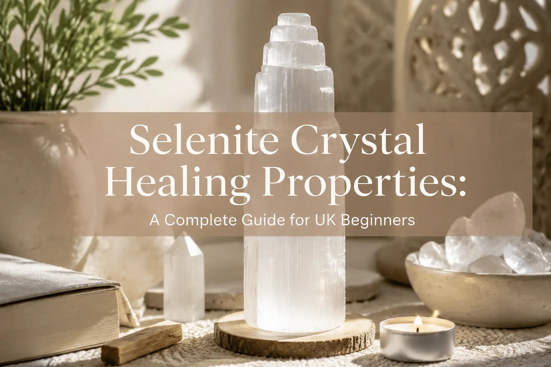 White selenite tower lamp with candle and crystals in a calm neutral setting, selenite crystal healing properties UK guide