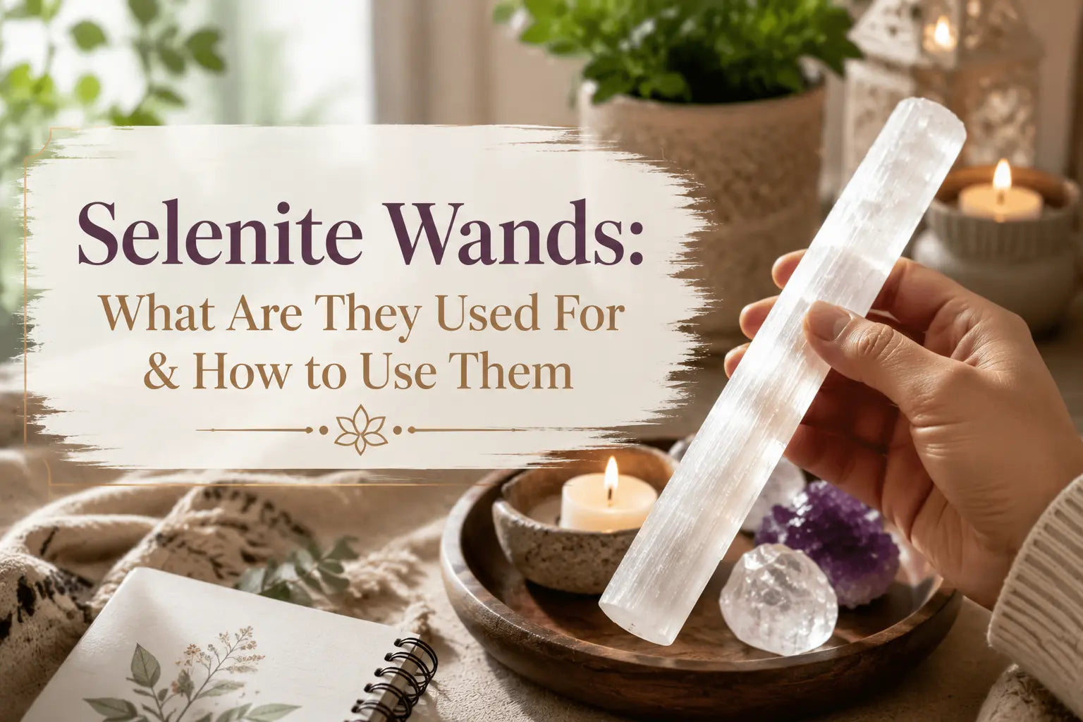 Selenite wands guide showing a hand holding a natural selenite crystal wand with healing crystals and candles – what selenite wands are used for and how to use them at home