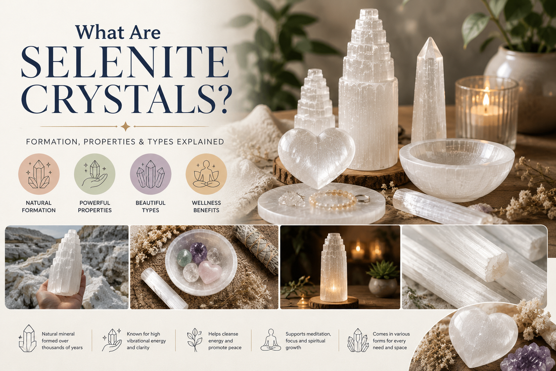 Beautiful natural selenite crystals including towers, wand, bowl and heart crystal displayed in a calming home setting, explaining selenite formation, properties and crystal types.