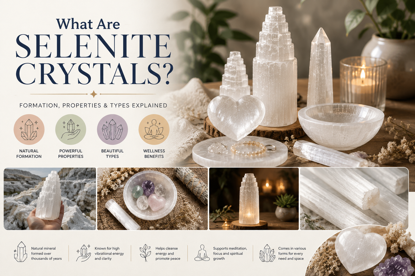 Beautiful natural selenite crystals including towers, wand, bowl and heart crystal displayed in a calming home setting, explaining selenite formation, properties and crystal types.