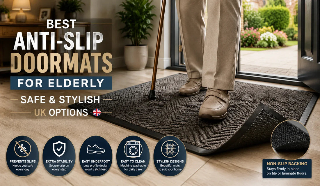 Premium anti-slip doormat at the entrance of a modern UK home with an elderly person stepping safely onto the mat, featuring non-slip backing for secure grip on laminate and tile floors.