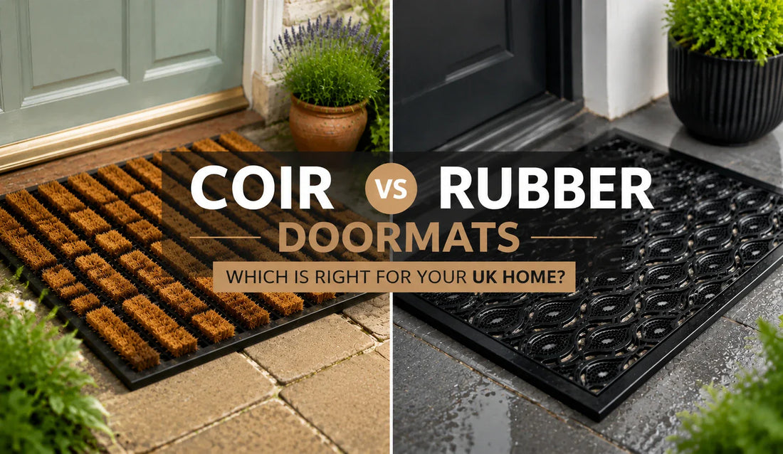 Split-screen comparison of a natural coir doormat and a black rubber doormat outside UK homes, illustrating the differences to help homeowners choose the best doormat for their entrance.