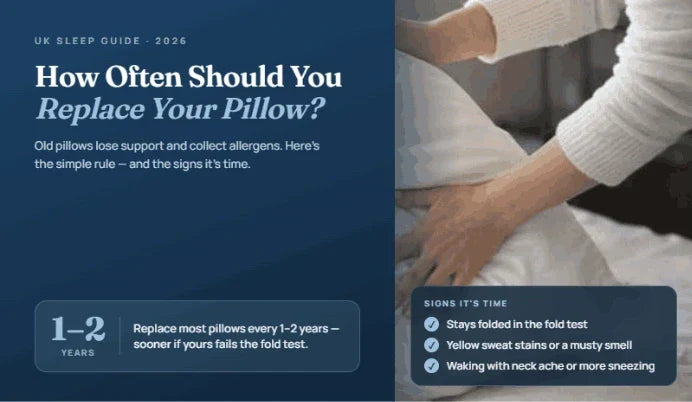How often should you replace your pillow — a UK guide showing the 1–2 year rule and the signs it's time, including failing the fold test, yellow sweat stains and waking with neck ache.