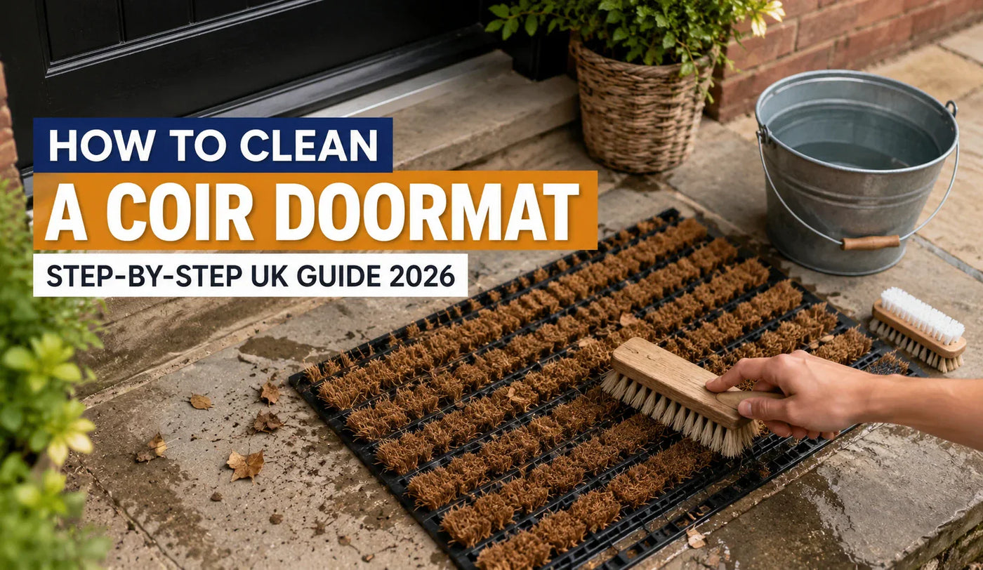Cleaning a coir doormat with a stiff brush and bucket of water on a UK doorstep, step-by-step coir mat cleaning guide