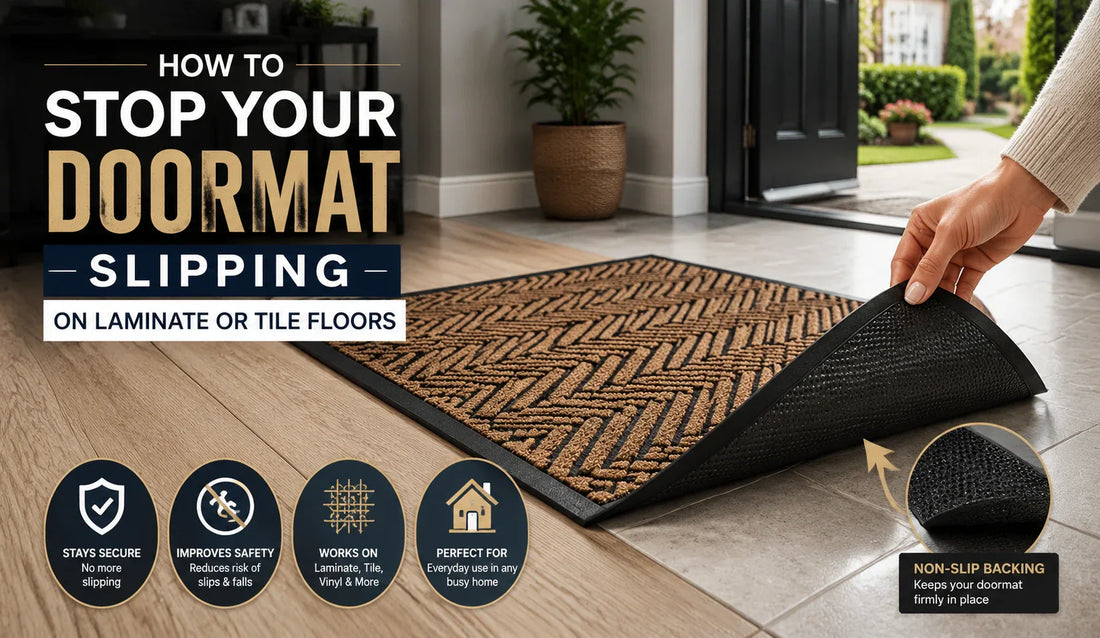 Non-slip doormat on laminate and tile flooring in a modern UK home, showing anti-slip backing and how to prevent a doormat from slipping on smooth floors.