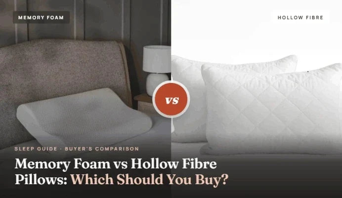 Memory foam vs hollow fibre pillows comparison, showing a contoured memory foam pillow beside two quilted hollow fibre pillows
