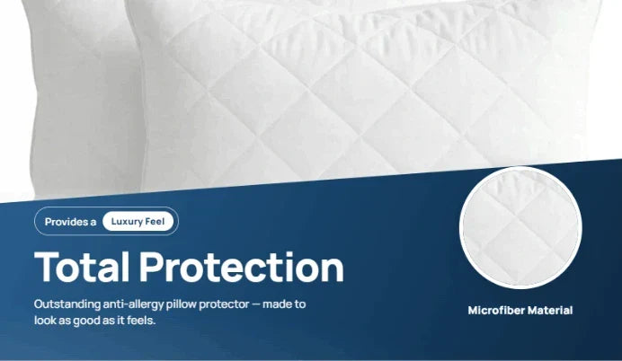 Quilted anti-allergy pillow protector in microfibre for UK buyers, shown on two pillows with a close-up of the diamond-quilted material