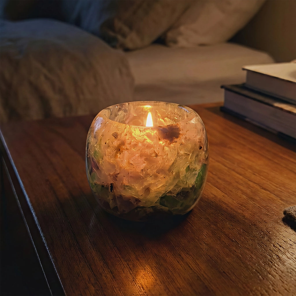 Natural Fluorite Crystal Tealight Holder for Calming Energy
