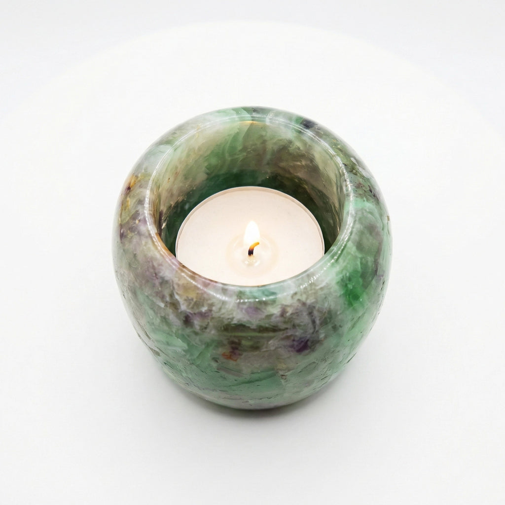 Natural Fluorite Crystal Tealight Holder for Calming Energy