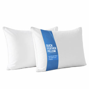 White duck feather pillow with a blue label on a white background
