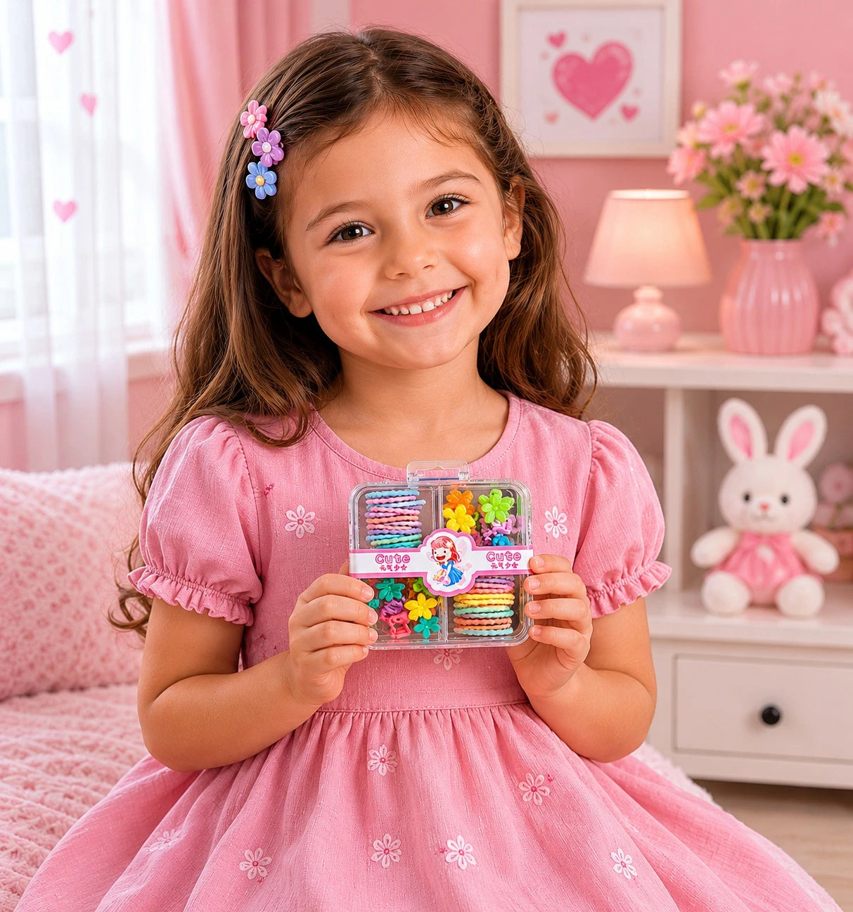 Young girl in a pink dress holding a hair accessory set in a bedroom with pink decor.