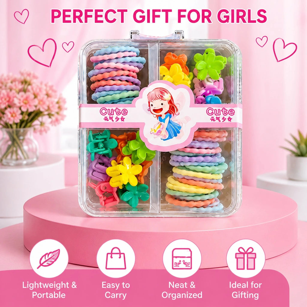 Colorful hair accessories set in a clear box with pink background and decorative elements.