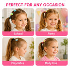 Four scenarios showing a girl with hair accessories labeled for school, party, playdates, and daily use.