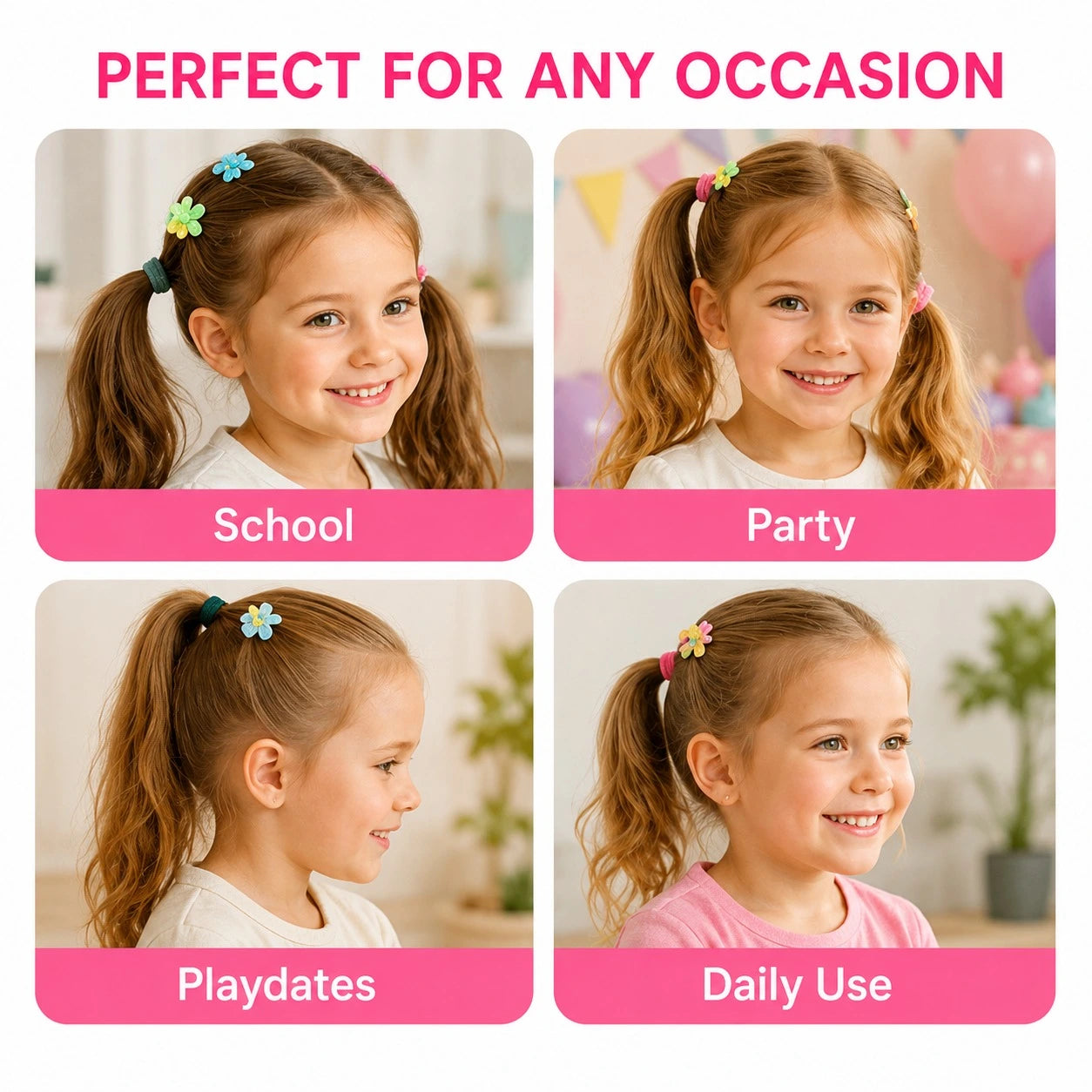 Four scenarios showing a girl with hair accessories labeled for school, party, playdates, and daily use.