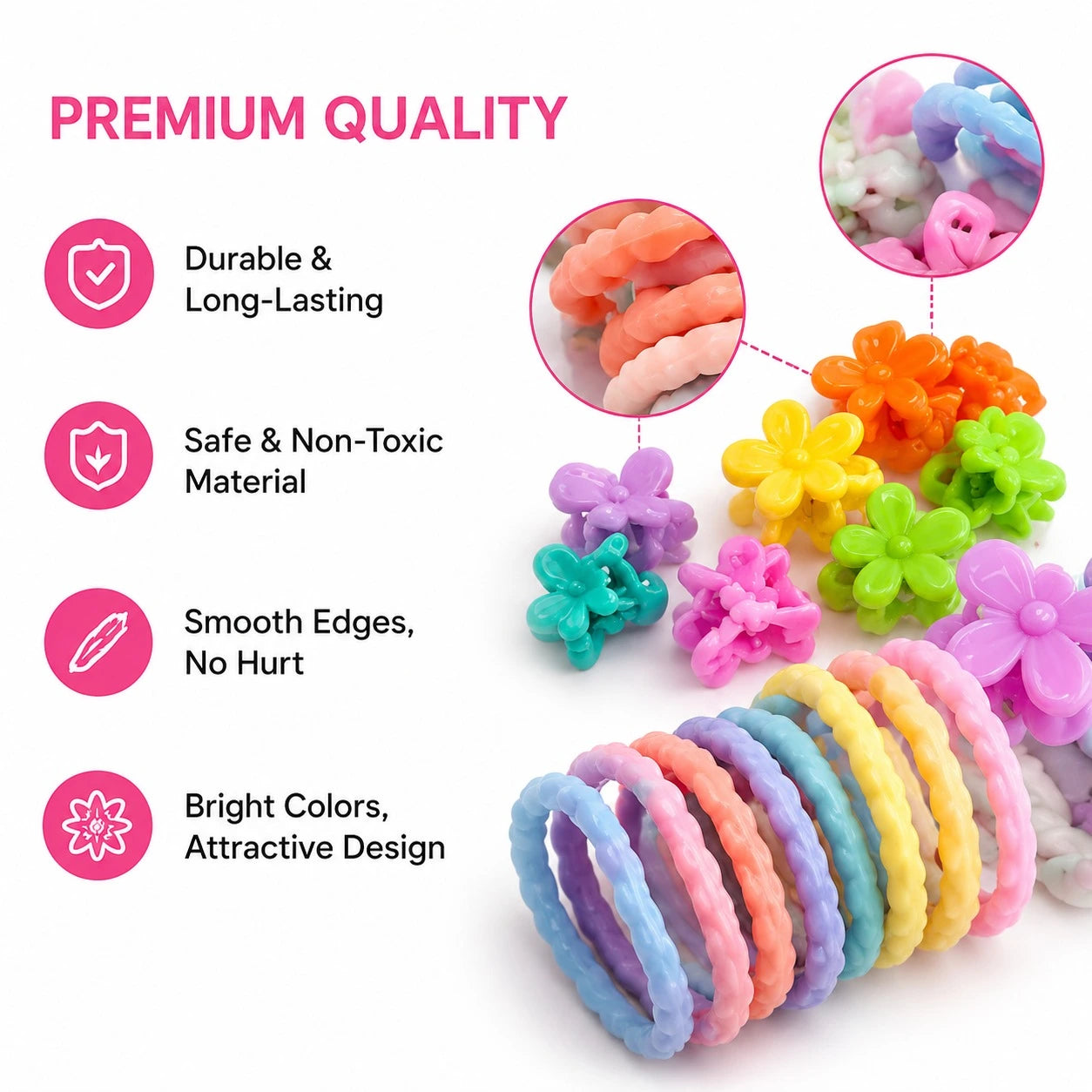 Colorful hair ties with premium quality features on a white background