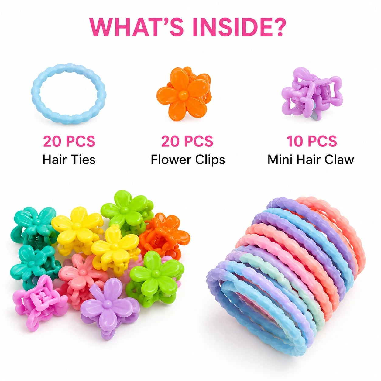 Assorted hair accessories including hair ties, flower clips, and mini hair claws on a white background.