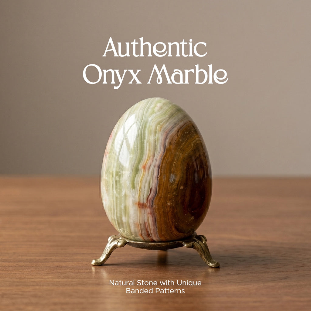 Natural Onyx Marble Egg Handcrafted Crystal with Brass Stand