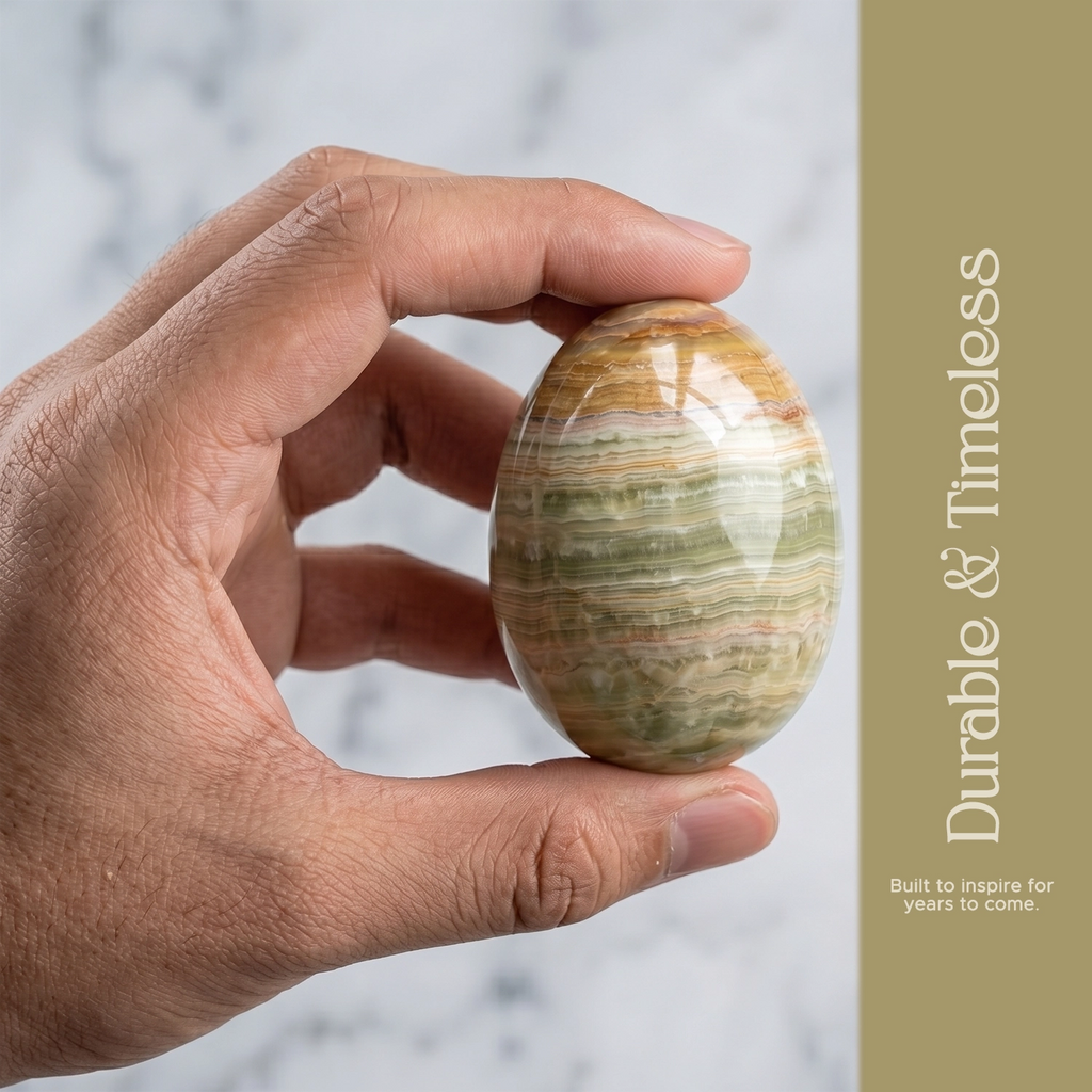 Natural Onyx Marble Egg Handcrafted Crystal with Brass Stand