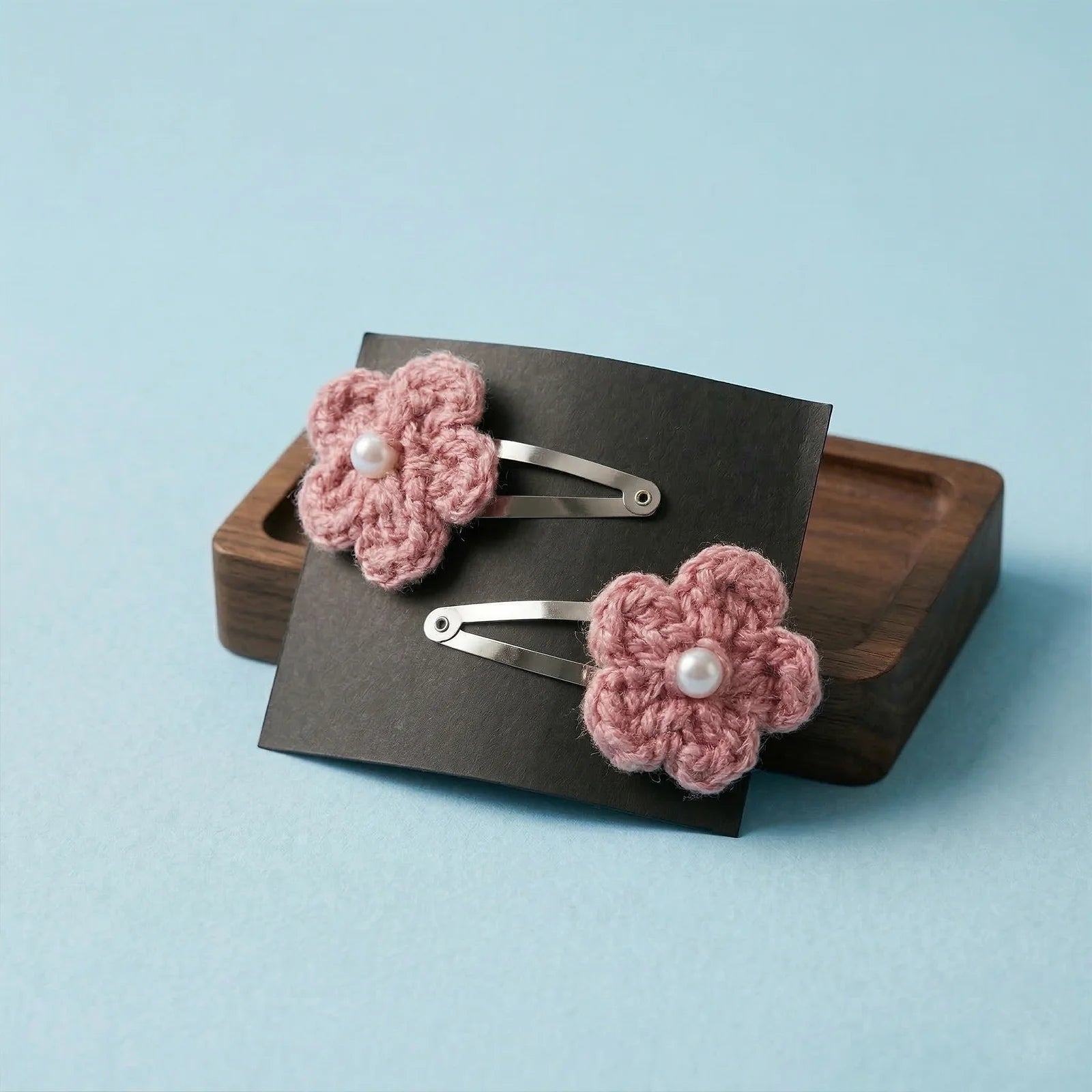Hand Crocheted Five Petal Flower Hair Clips - Set