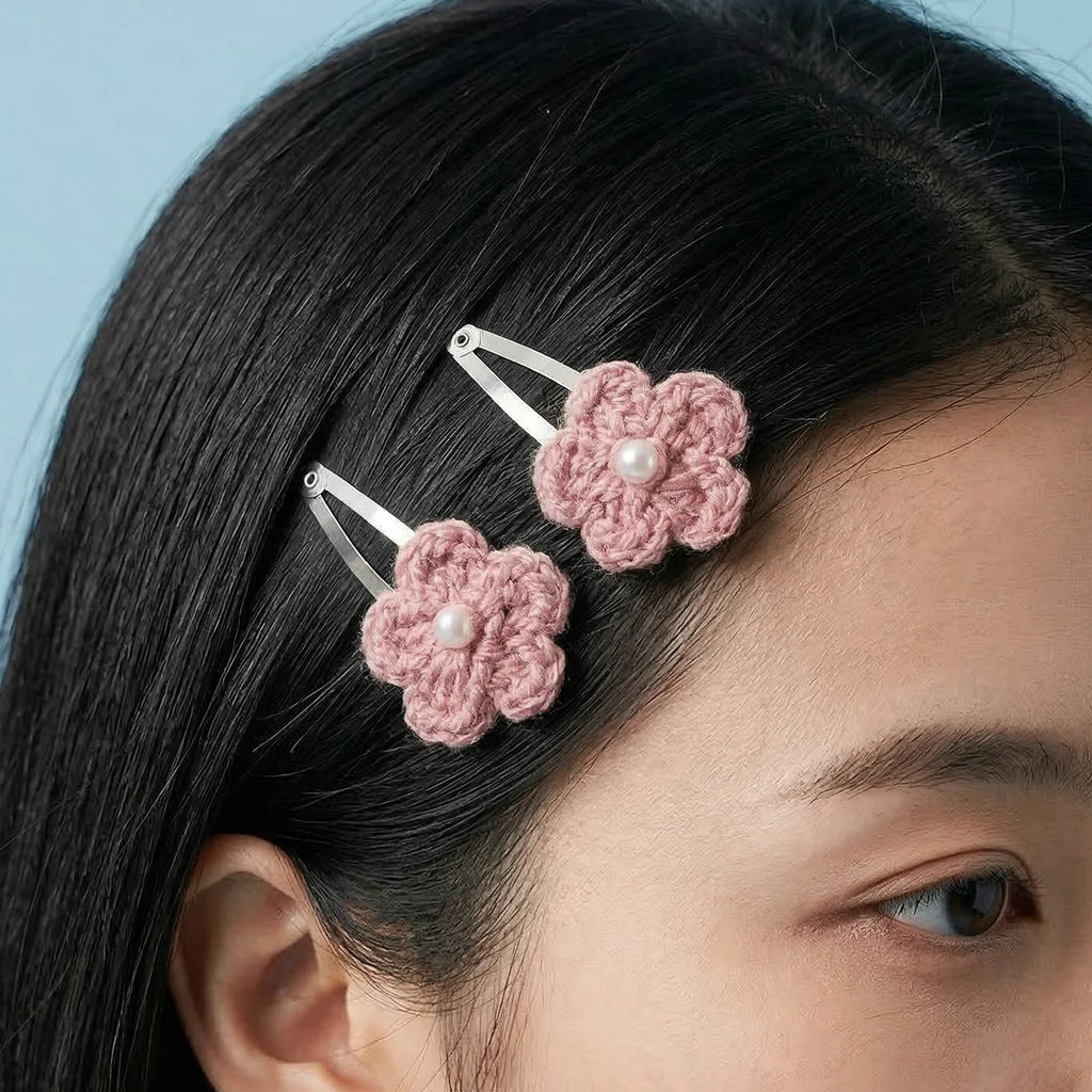 Hand Crocheted 5 Petal Flower Hair Clips - 6/12 Pcs Set