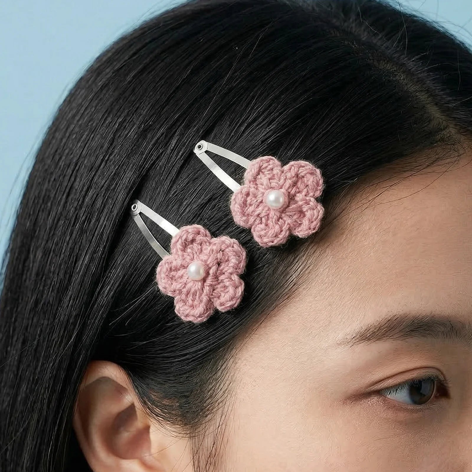 Hand Crocheted Five Petal Flower Hair Clips - Set