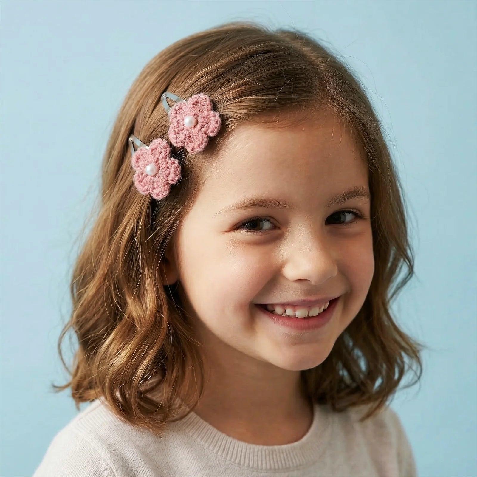 Hand Crocheted Five Petal Flower Hair Clips - Set