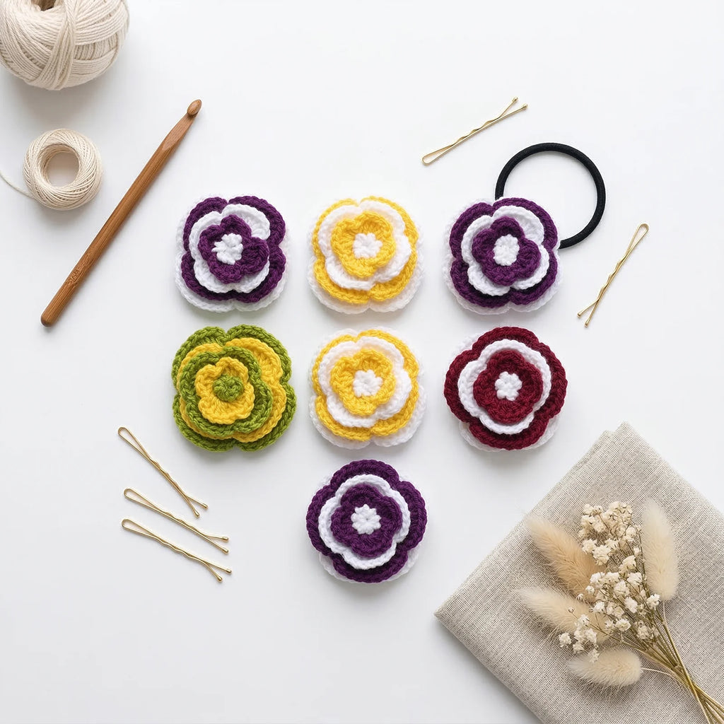 Hand Crocheted Double Layer Flower Hair Ties - Set