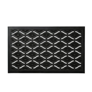 Black rubber doormat with a wavy lattice pattern on a white background