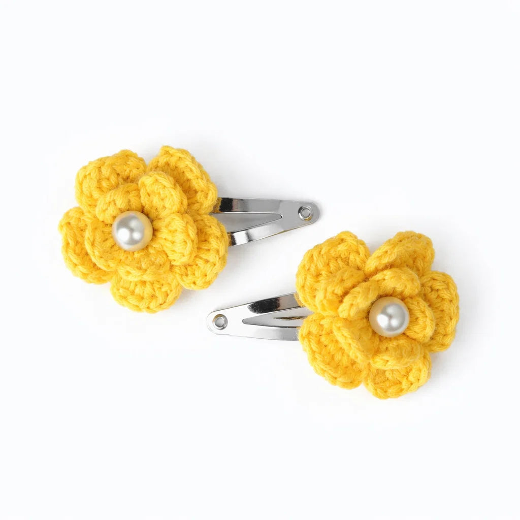 Hand Crocheted Five Petal Flower Hair Clips - Set