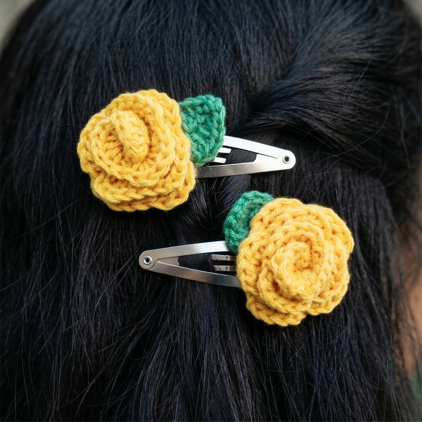 Hand Crocheted Rose Flower Hair Clips - Set