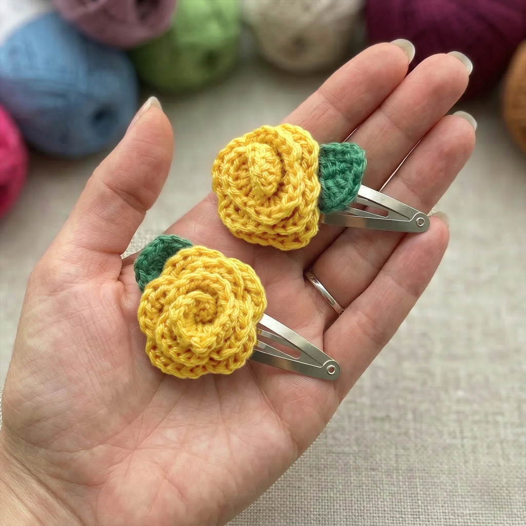 Hand Crocheted Rose Flower Hair Clips - 6/12 Pcs Set