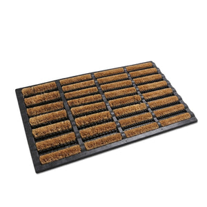 Black and brown coir doormat with rows of coir brush inserts on a white background